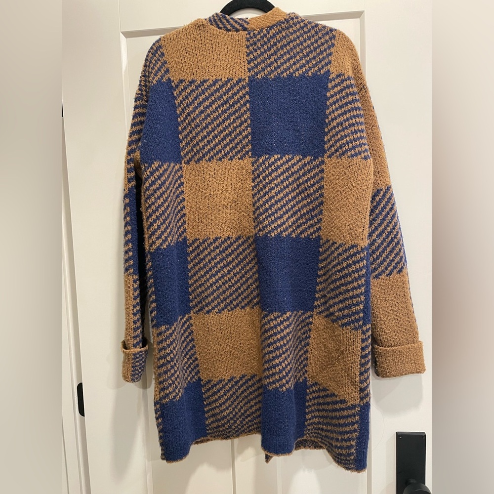 Toad&Co Cabin Fever Cardigan Size Medium Honey Navy Blue Tan Plaid‎ Wool Blend - Picture 3 of 4